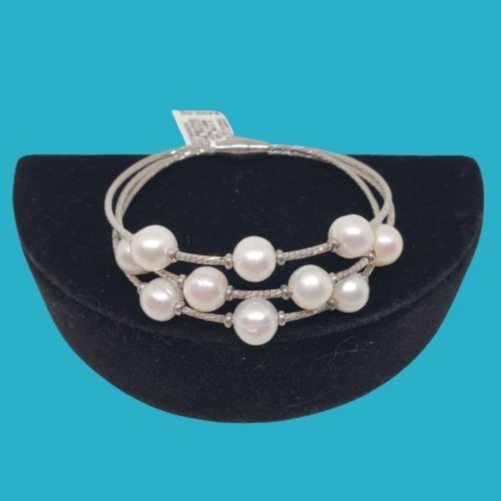 BEAUTIFUL!!! Cultured Opaque Pearl Bracelet SS Diacut 8-9MM